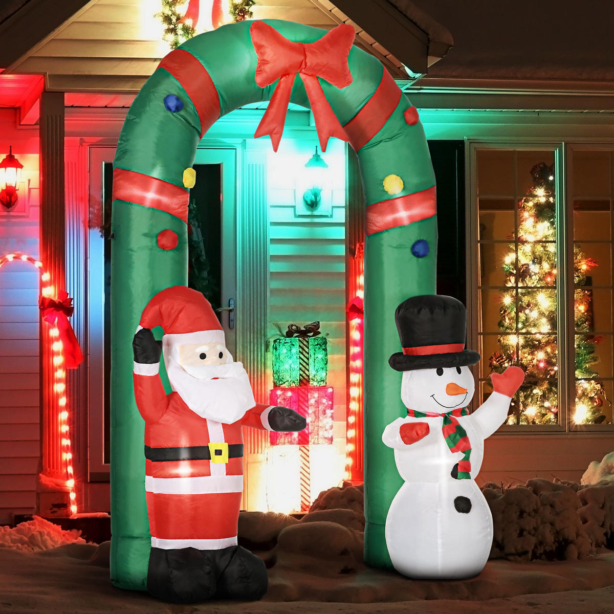 WEIHNACHTSDEKO 2,45 m Torbogen mit Weihnachtsmann und Schneemann aufblasbar LEDs - Multicolor, Kunststoff (80/245/198cm) - HOMCOM
