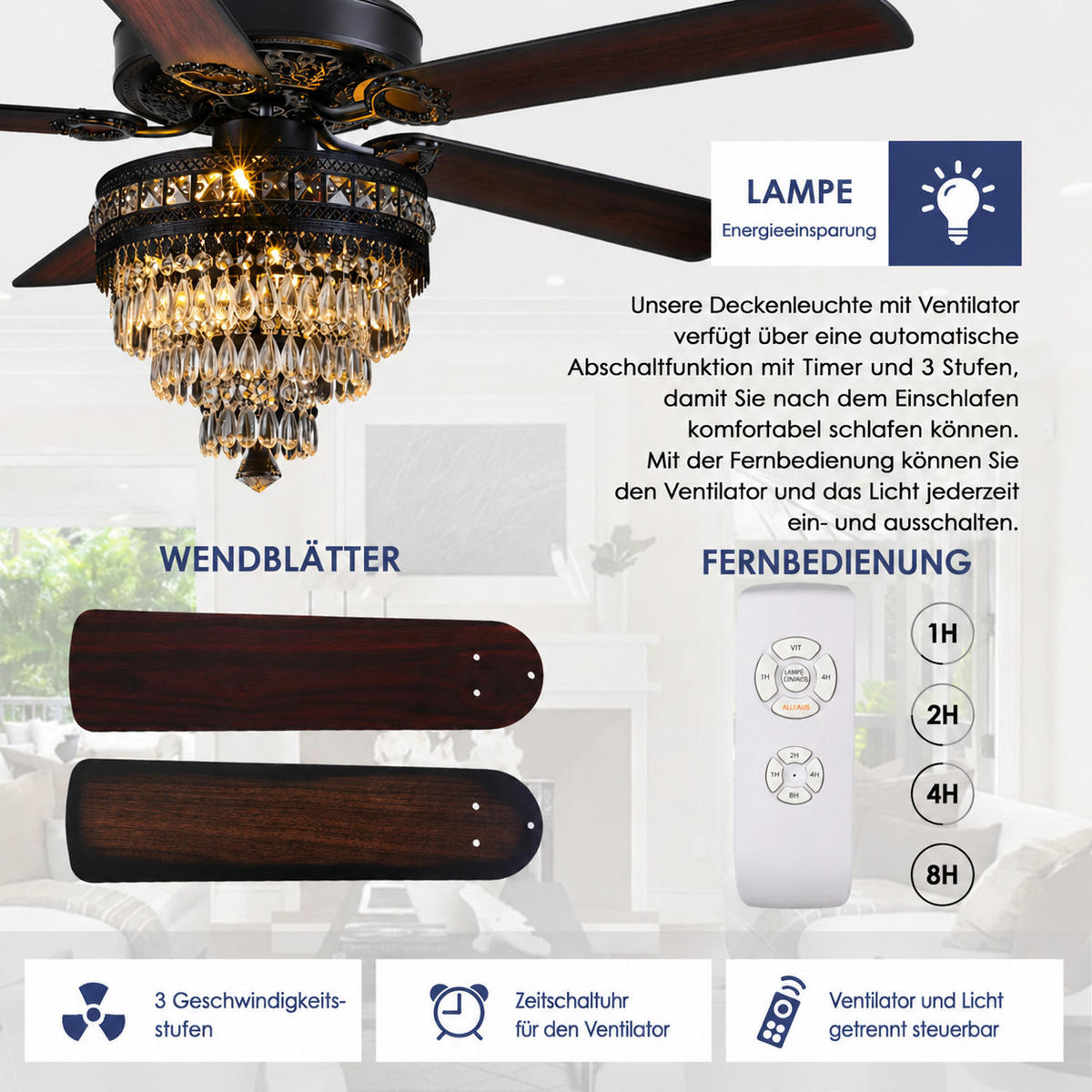 DECKENVENTILATOR Schwarz 132 cm mit Kristallleuchte und Fernbedienung - Schwarz, Metall (157.5/157.5/64.5cm) - Surtime