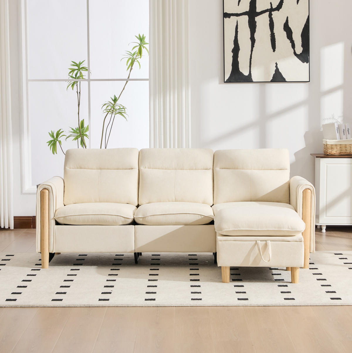 SOFA mit Stauraum und Hocker 201 cm Beige - Beige, Holz (77/201cm) - Meubliv