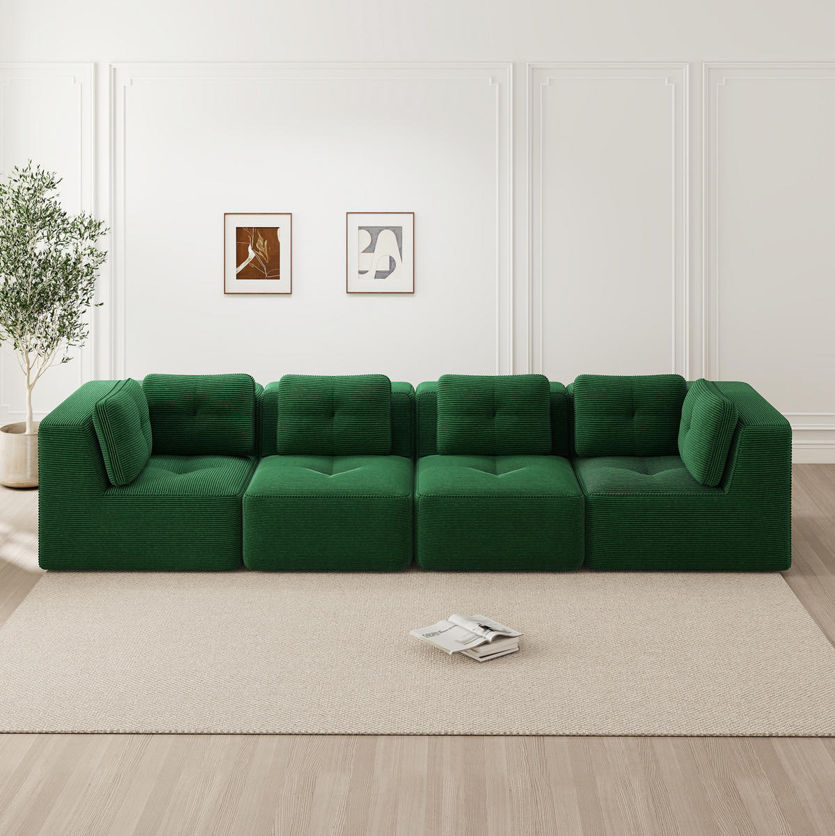 SOFA 386/104/69 cm in Grün aus Cord mit modularen Elementen - Grün, Textil (104/69/386cm) - Flora Grace