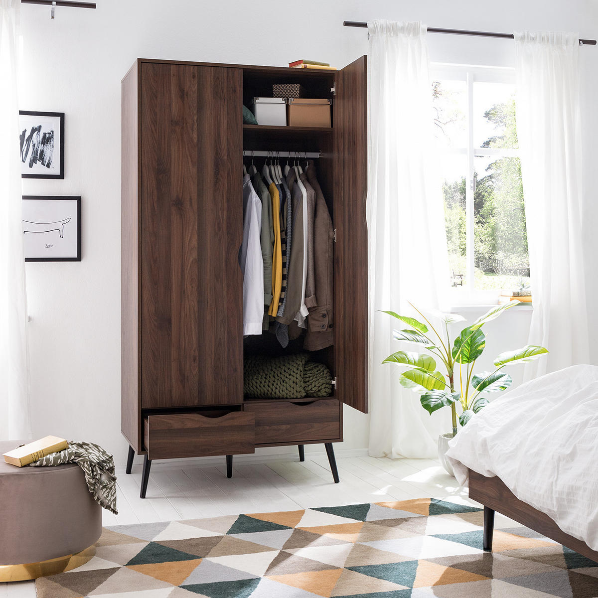DREHTÜRENSCHRANK mit 2 Türen - Walnuss Dekor - Walnussfarben/Schwarz, Holz/Holzwerkstoff (99/200/58cm) - home24