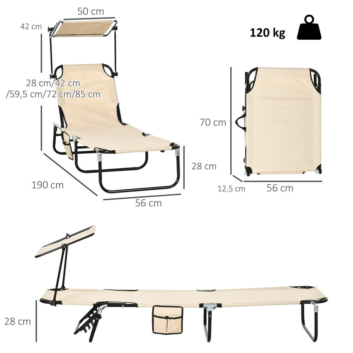 SONNENLIEGE 2er Set klappbar mit Sonnendach verstellbar Rückenlehne - Schwarz/Braun, Textil/Metall (56/28/190cm) - Outsunny