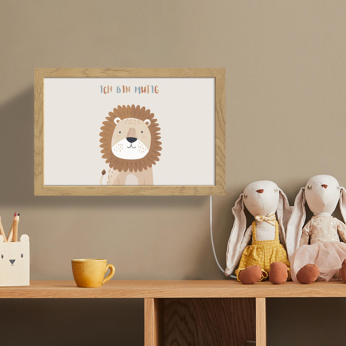 WANDLEUCHTE Löwe - Beige - Tier - Mutig - Zitat 30x20 cm - Beige, Holzwerkstoff (30/20/8cm) - OnlyWow