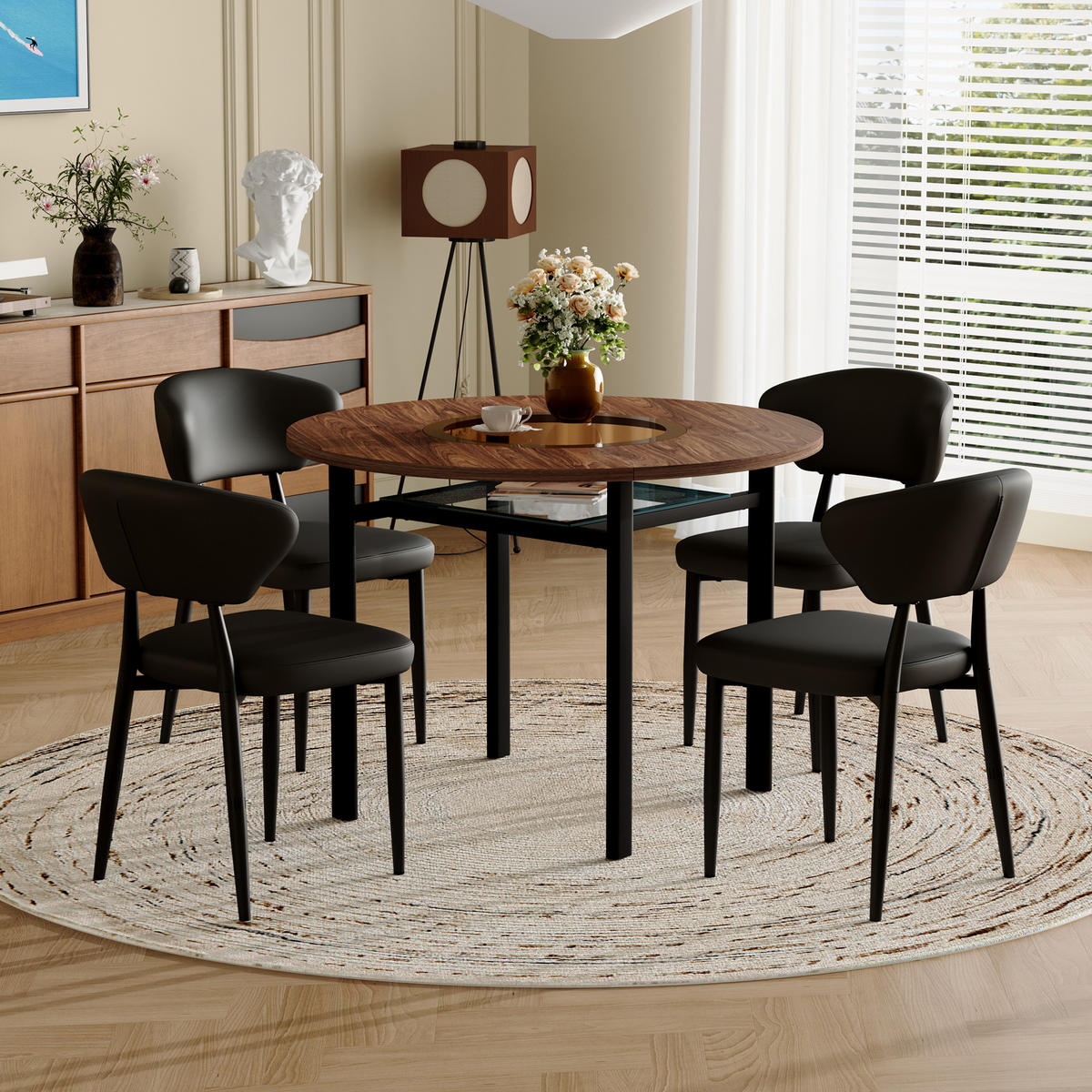 ESSGRUPPE DE-39356 5-teilig, mit 4 PU-Sesseln und Glasintarsie Braun/Schwarz - Schwarz, Metall (100/76/100cm) - ComfortXL