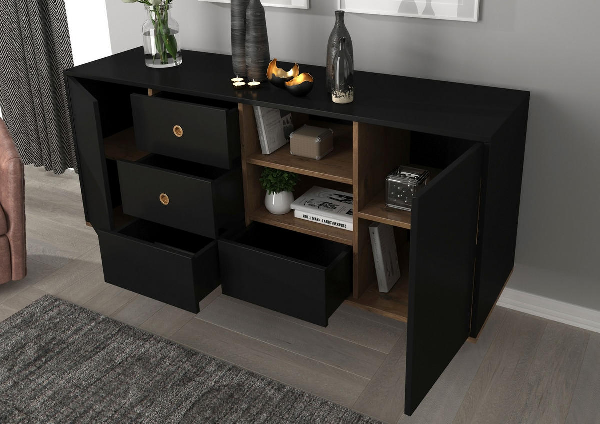 SIDEBOARD Harmoni, Schwarz, Eiche, Goldene Details - Goldfarben/Schwarz, Holzwerkstoff/Metall (160/83/45cm) - Skandica