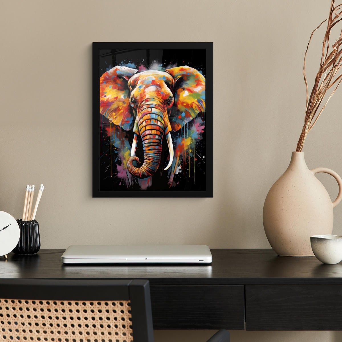GERAHMTES BILD Elefant - Graffiti - Schwarz - Tiere - Farben 30x40 cm - Schwarz, Papier (30/40cm) - MuchoWow