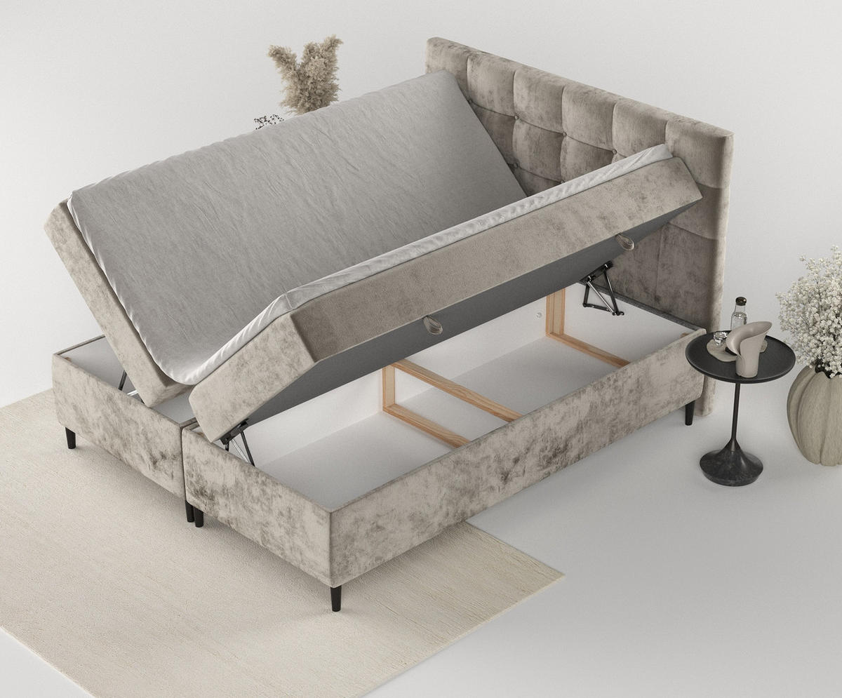 BOXBETT Urbaneo Beige 180/200 cm mit Taschenmatratze und Topper - Beige/Schwarz, Holz/Holzwerkstoff (180/200cm) - Maison de Reve