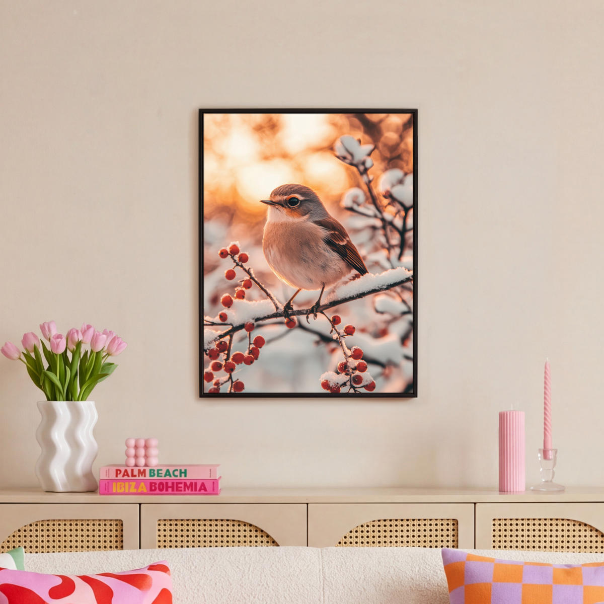 LEINWAND Bilder mit Rahmen - Vogel - Zweig - Winter - Tiere - Schnee - 60x80 - Bernsteinfarben, Textil (60/80cm) - MuchoWow