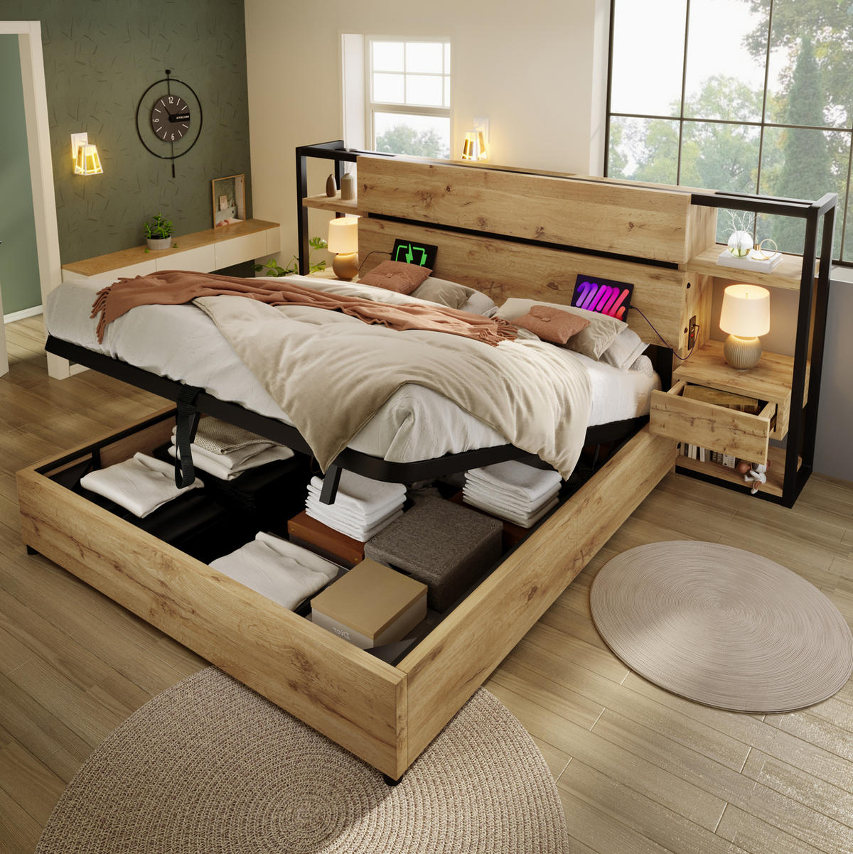 MANŽELSKÁ postel 160/200 cm dubová z MDF a kovu s úložným prostorem a USB nabíjením - barva dubu, kompozitní dřevo (160/200cm) - OKWISH