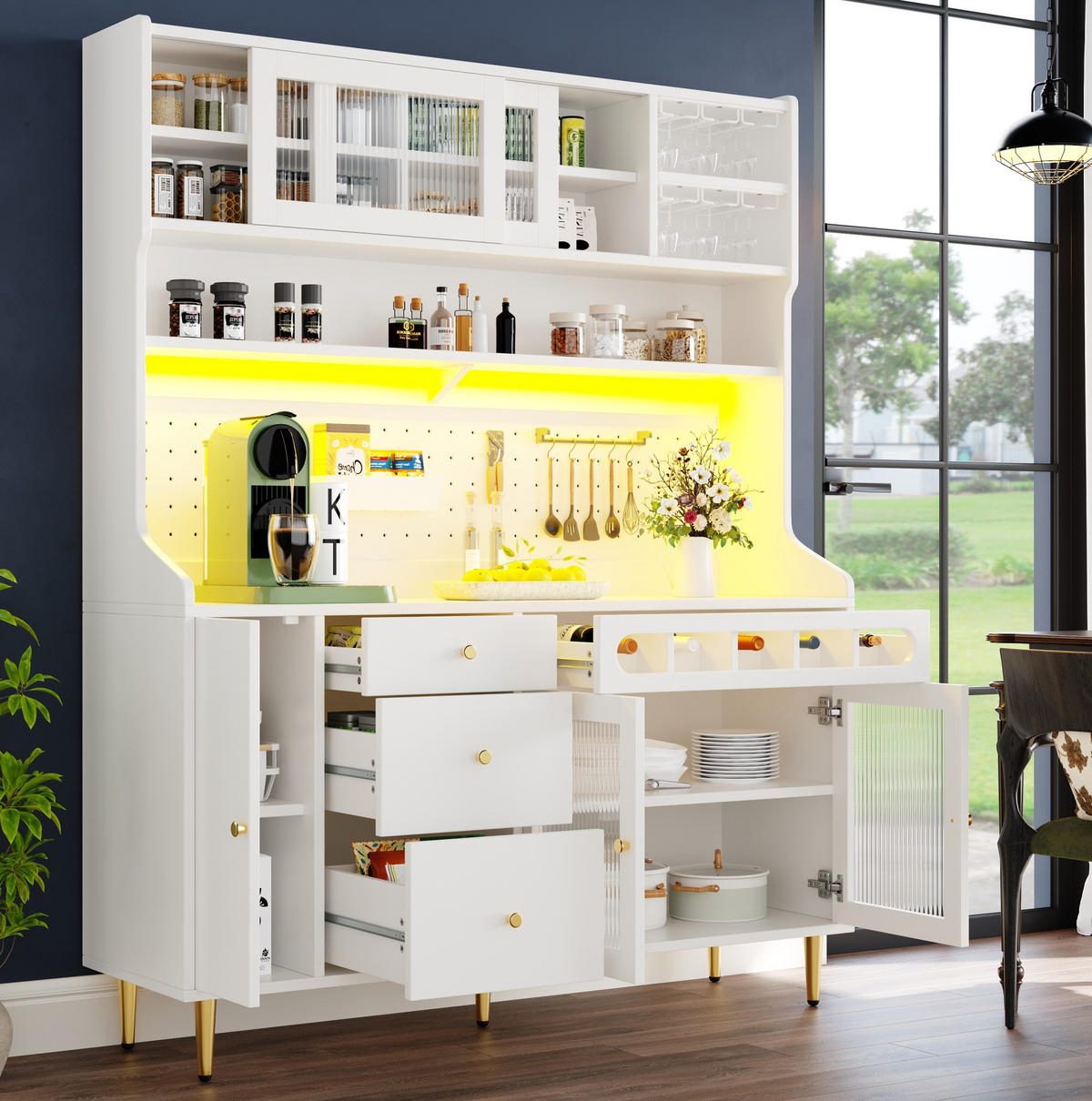 BUFFETSCHRANK 145/39/171 cm mit LED-Beleuchtung, verstellbaren Einlegeböden und Weinregal, Weiß - Weiß, Glas (145/171/39cm) - Redom