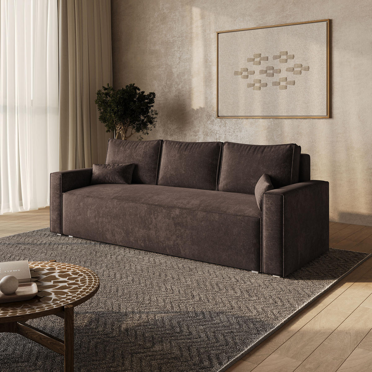 BETTSOFA MENI LM Braun Chenille-Stoff mit Schlaffunktion - Braun, Textil (232/85/87cm) - MASSENO