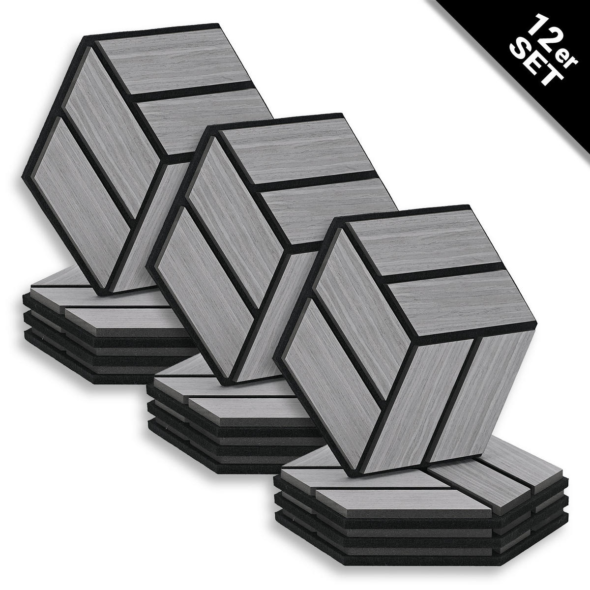 AKUSTIKPANEEL Hexagon Grau 12 Stück - Grau, Holz (30/26/2cm) - Homestyle4u