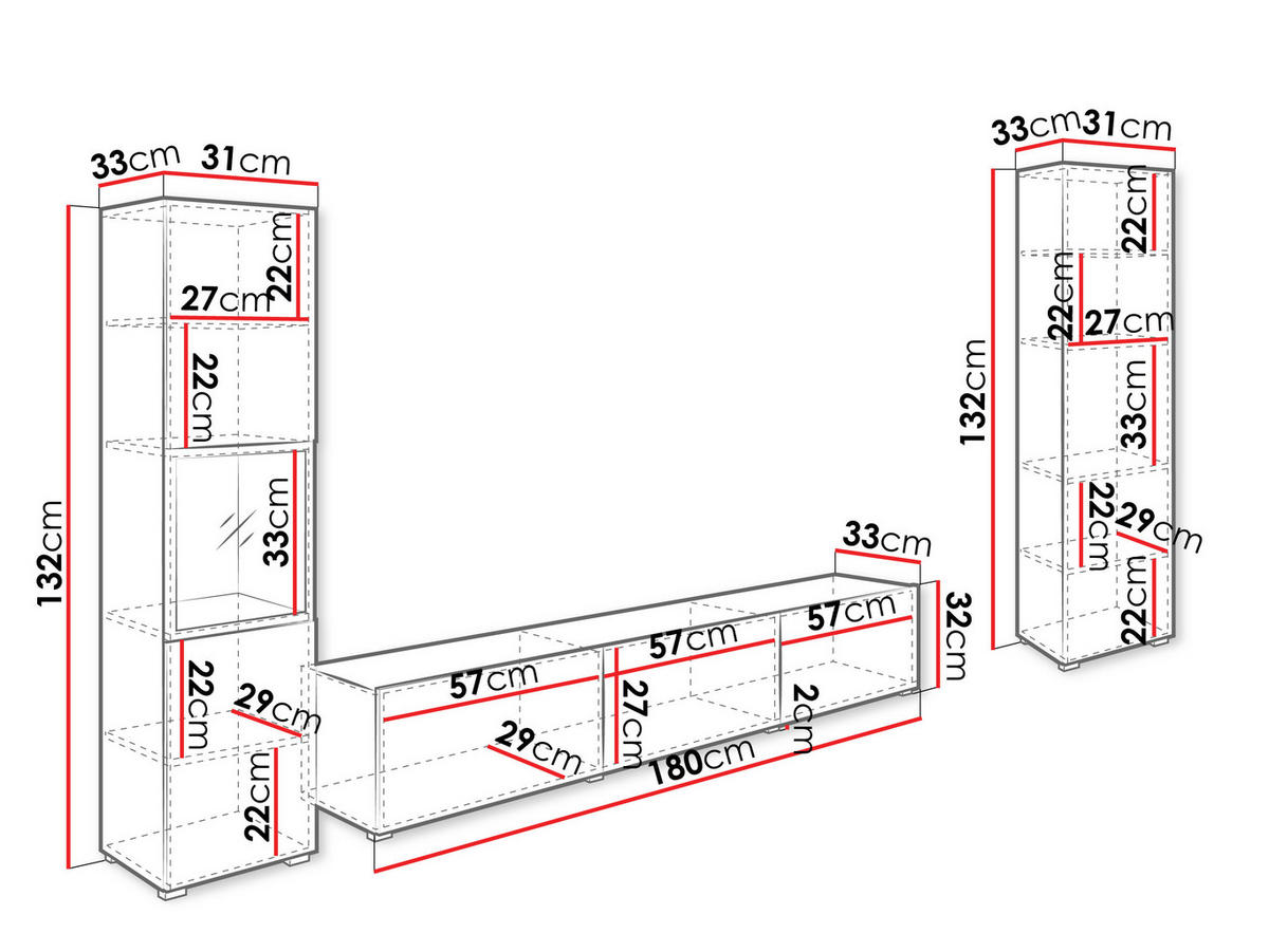 WOHNWAND Berlin III - Weiß Hochglanz/Eiche Wotan, Holzwerkstoff/Kunststoff (180/30/33cm) - MIRJAN24