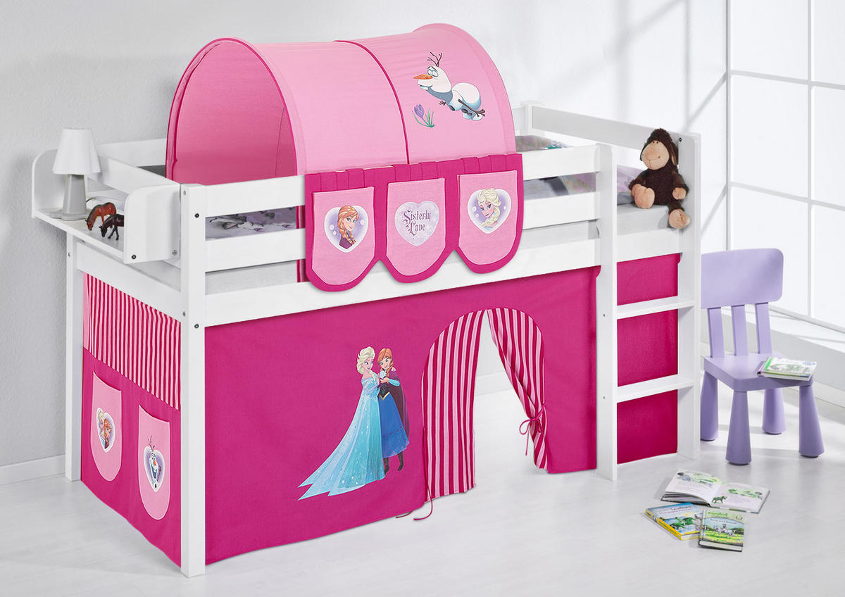 HOCHBETT JELLE mit FROZEN Vorhang - Die Eiskönigin - Kinderbett - Weiß, Holz - Lilokids