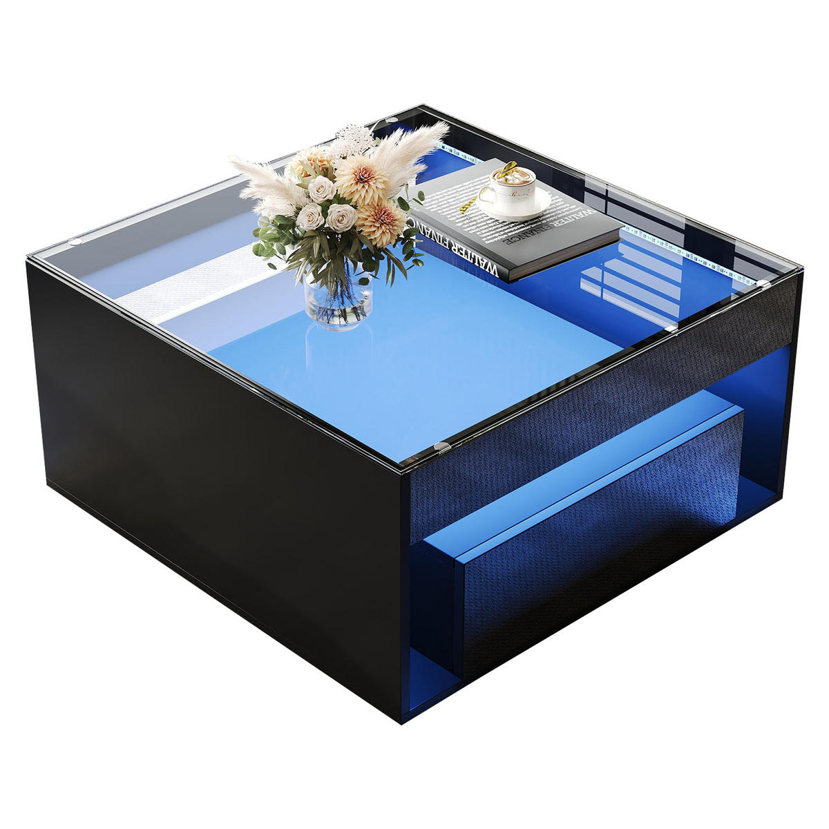 COUCHTISCH DE-083 LED-Glas Schwarz - Schwarz, Holzwerkstoff (70/70/35cm) - ComfortXL