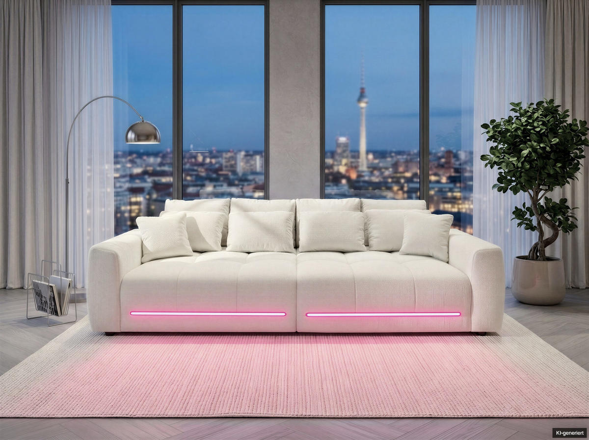BIG-SOFA Federkern B294/T136/H86 cm, RGB-LED-Beleuchtung mit Fernbedienung, Chenille-Bezug in Beige / 15418 - Beige/Schwarz, Kunststoff/Textil (294/86/136cm) - luma-home