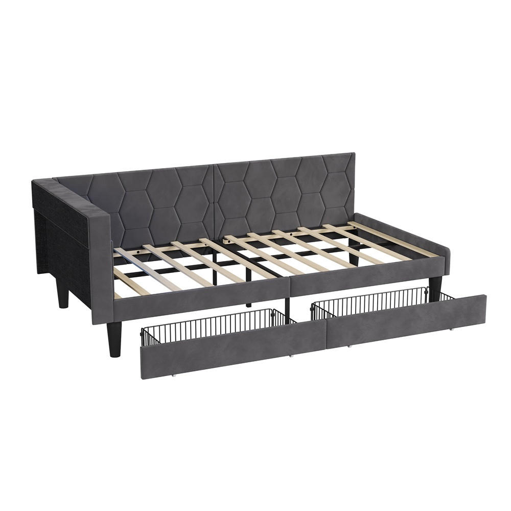 POLSTERBETT 90x200 cm mit Kopfteil-Stauraum - 2 Schubladen - USB Type-C & LED - ohne Matratze - Grau - Grau, Textil (90/200cm) - DELFA