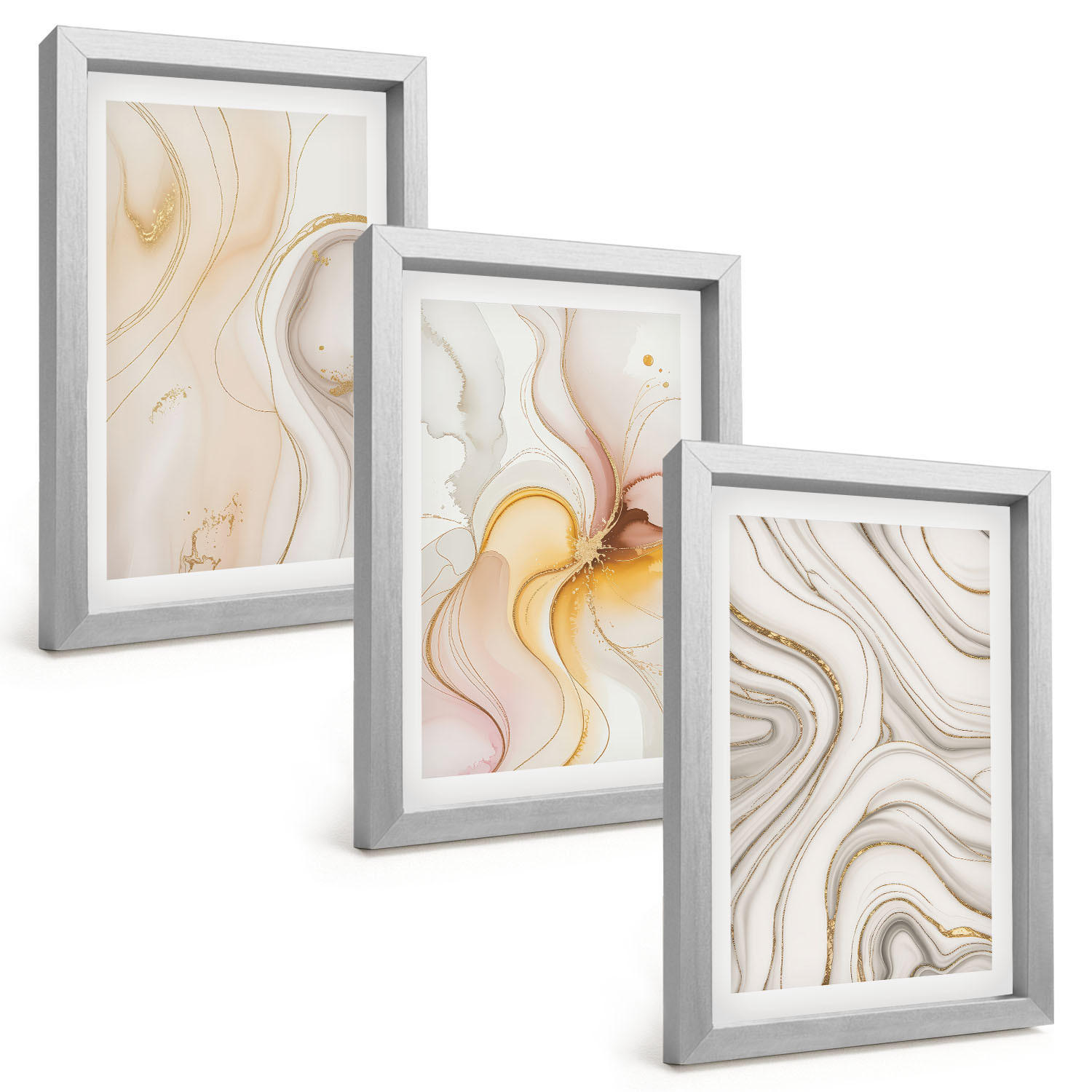 BILDER SET 3er Set - 20x30 cm Silberner Rahmen - Abstrakte warme Muster - Silberfarben, Kunststoff (20/30cm) - TULUP