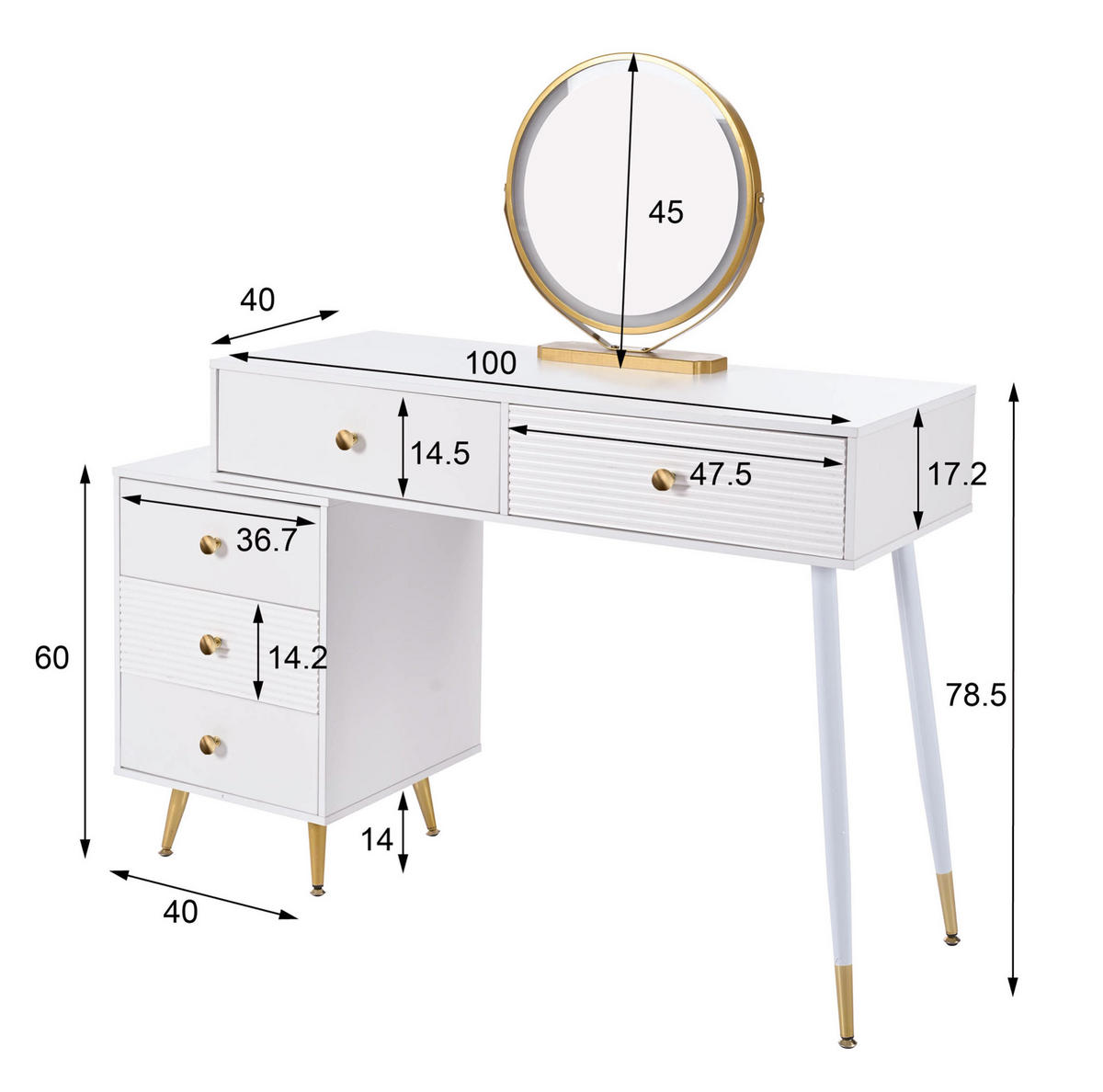 SCHMINKTISCH 100/40/78 cm aus Holzwerkstoff mit LED-Spiegel, Schubladen und flexiblem Seitenschrank, Weiß - Weiß, Holzwerkstoff (100/78.5/40cm) - Redom