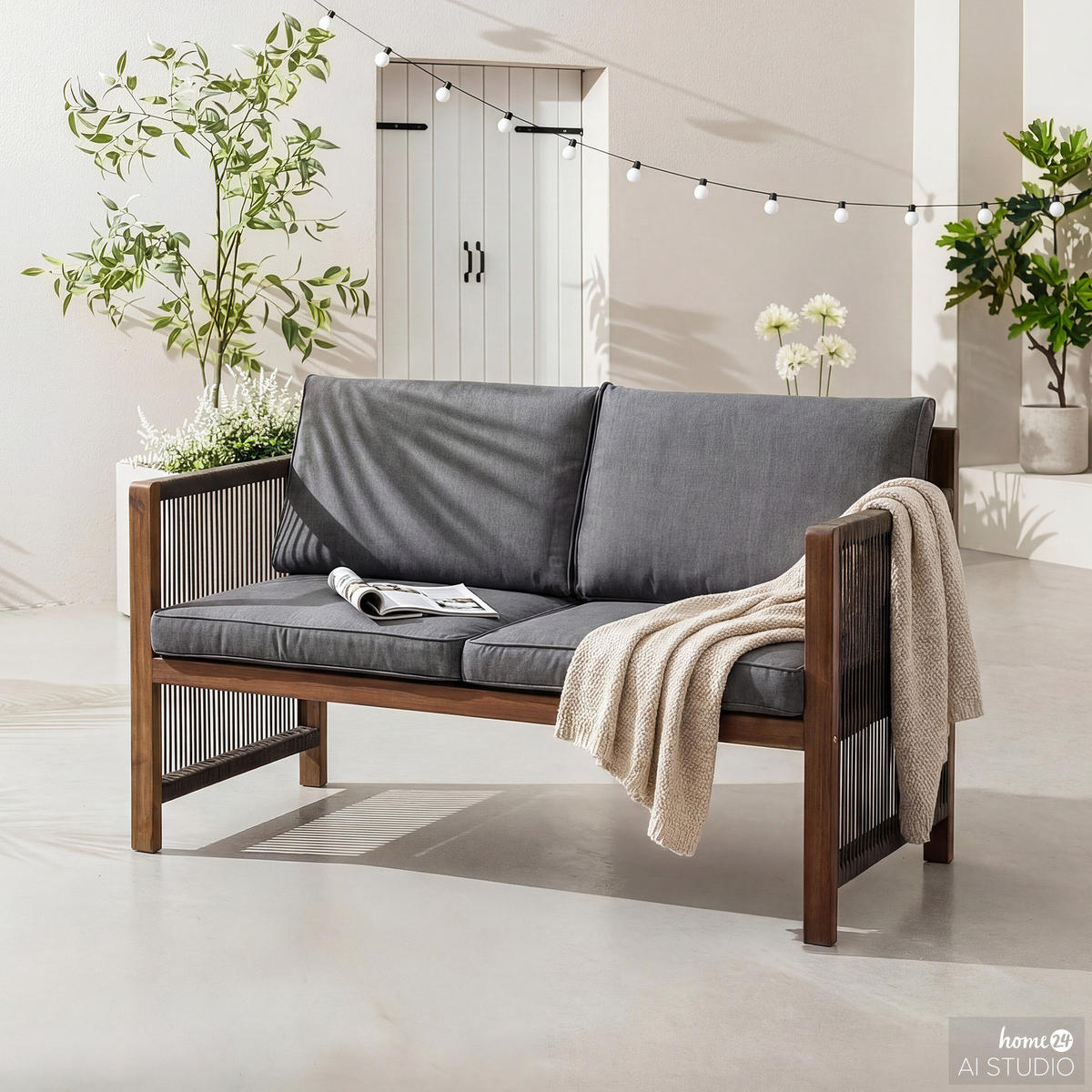 MASSIVE GARTENBANK - Akazie massiv / Polyester - Braun / Grau - - Braun/Grau, Holz/Textil (132/86/66cm) - home24