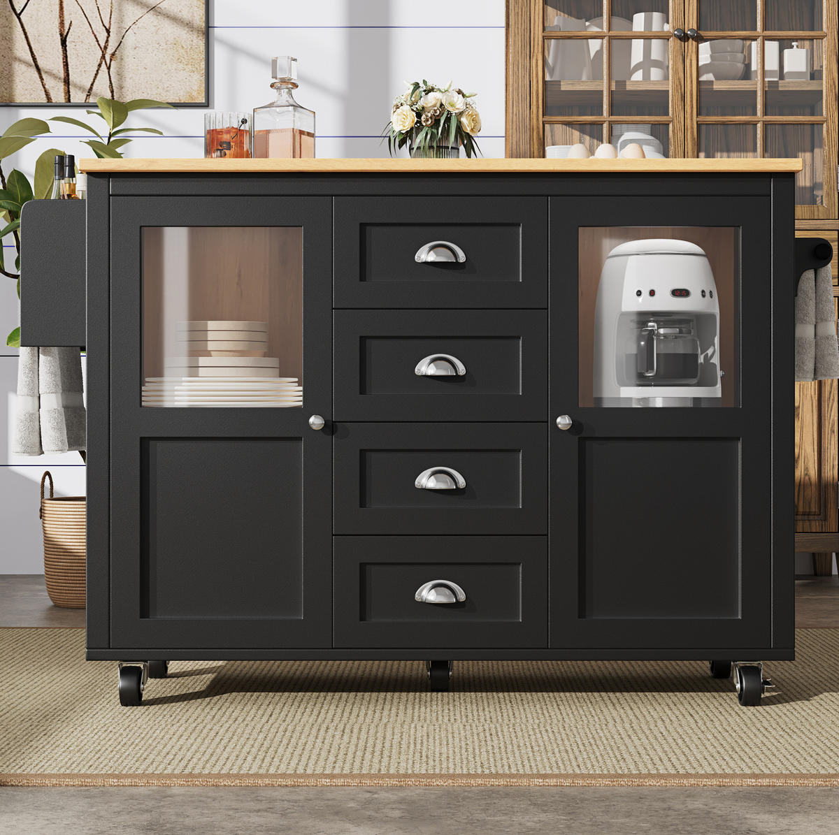 KÜCHENINSEL 137,9/73/92,5 cm aus MDF und Metall mit Klapptisch und Rollen Schwarz - Schwarz, Holzwerkstoff (137.9/92.5/73cm) - Modenvie