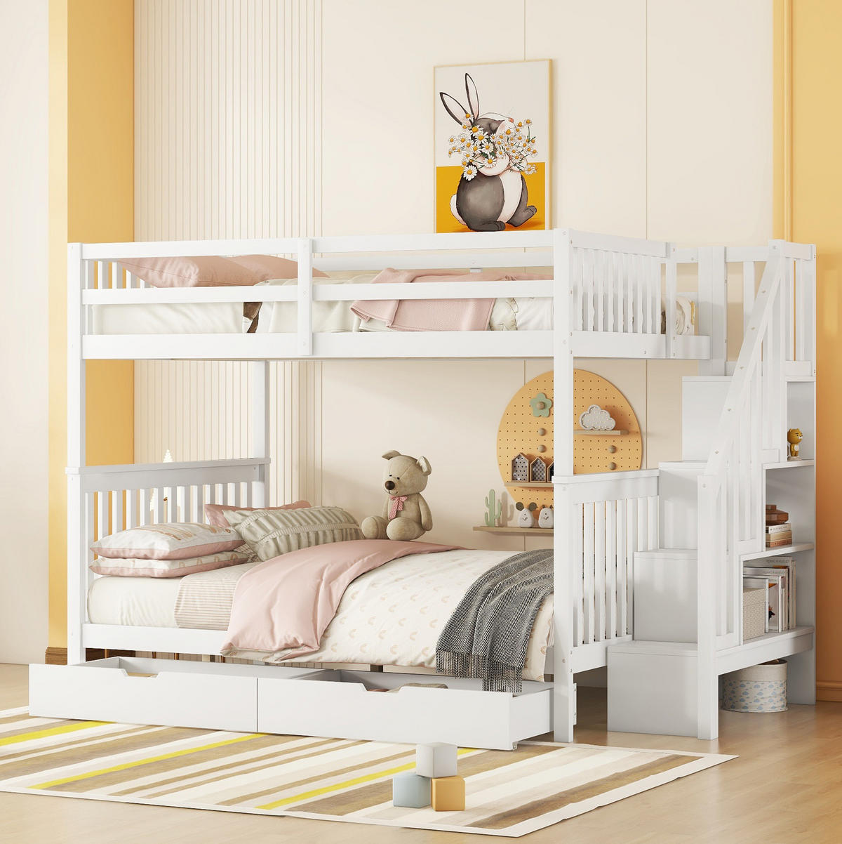 ETAGENBETT 140/200 cm aus Kiefer und MDF mit Treppenregal und 2 Schubladen Weiß - Weiß, Holz (140/200cm) - Modenvie