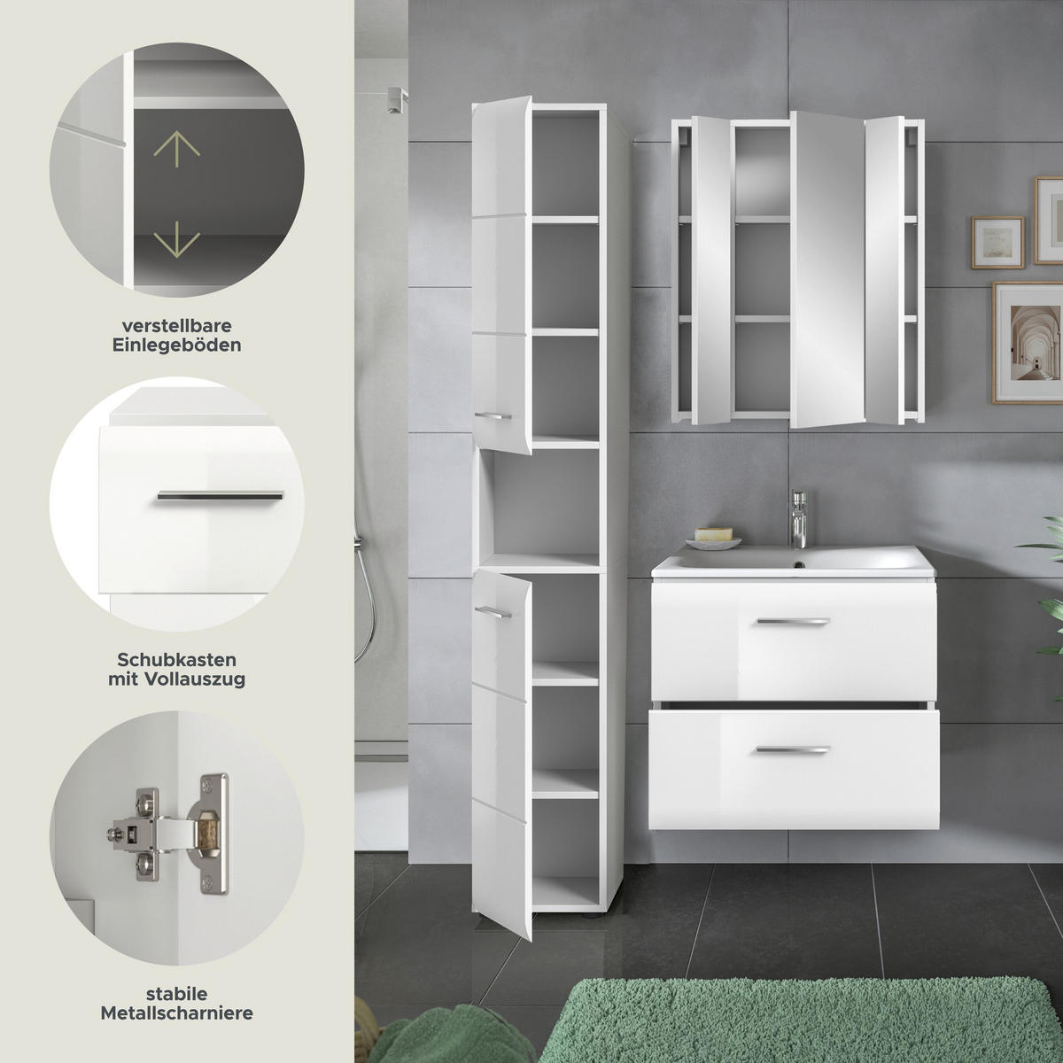 BADEZIMMER 3 tlg. Alba Bad in weiß und weiß hochglanz B/H/T: 105x185x46 cm - Weiß, Holz (105/185/46cm)
