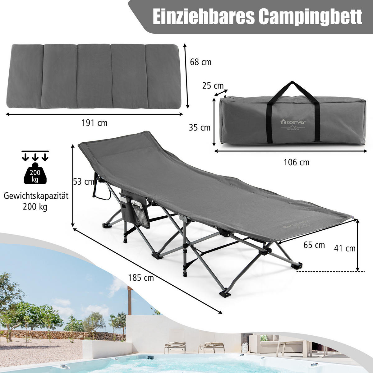 CAMPINGBETT mit Matratze+Kissen Grau - Grau, Metall - COSTWAY