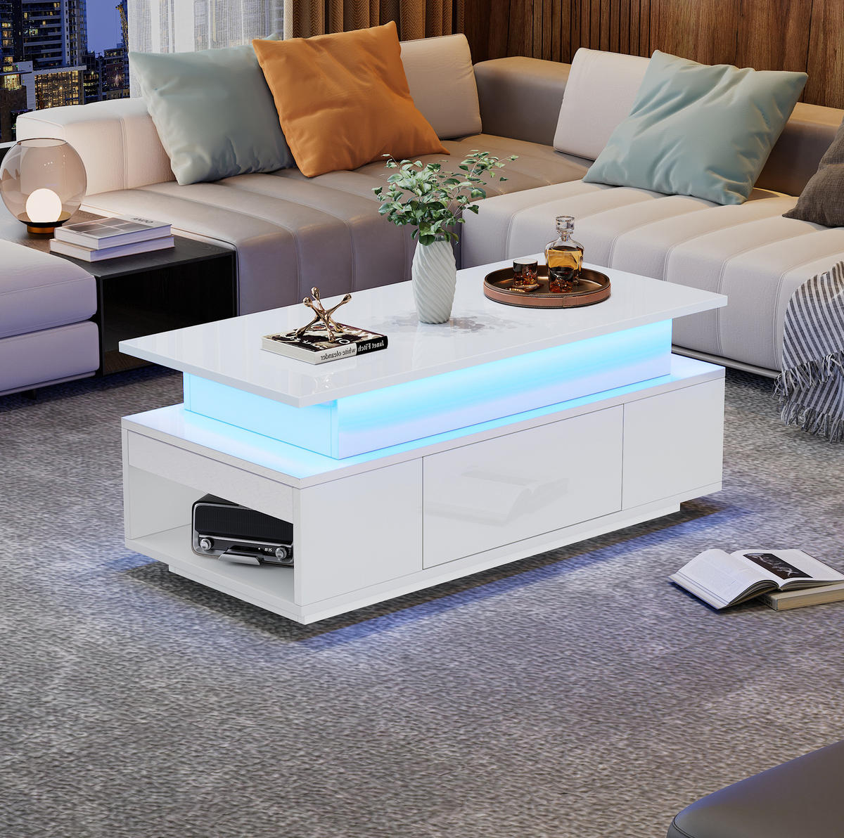 COUCHTISCH aus Spanplatte 96x45x40 cm Weiß höhenverstellbar mit LED-Beleuchtung und Stauraum - Weiß, Holzwerkstoff (96/45/40cm) - IVMEU