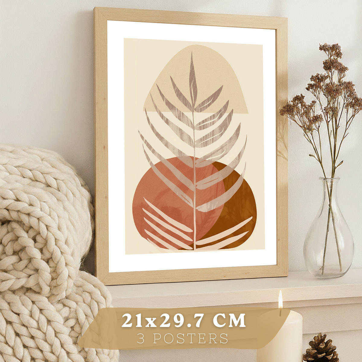 PLAKAT Sada 3 abstraktních dekorativních tisků na stěnu pro obrázky pokoje.Dekorace v hnědých květinových tónech. Rám z lehkého dřeva velikosti A4 - béžová, papír (29.7/42/3cm)