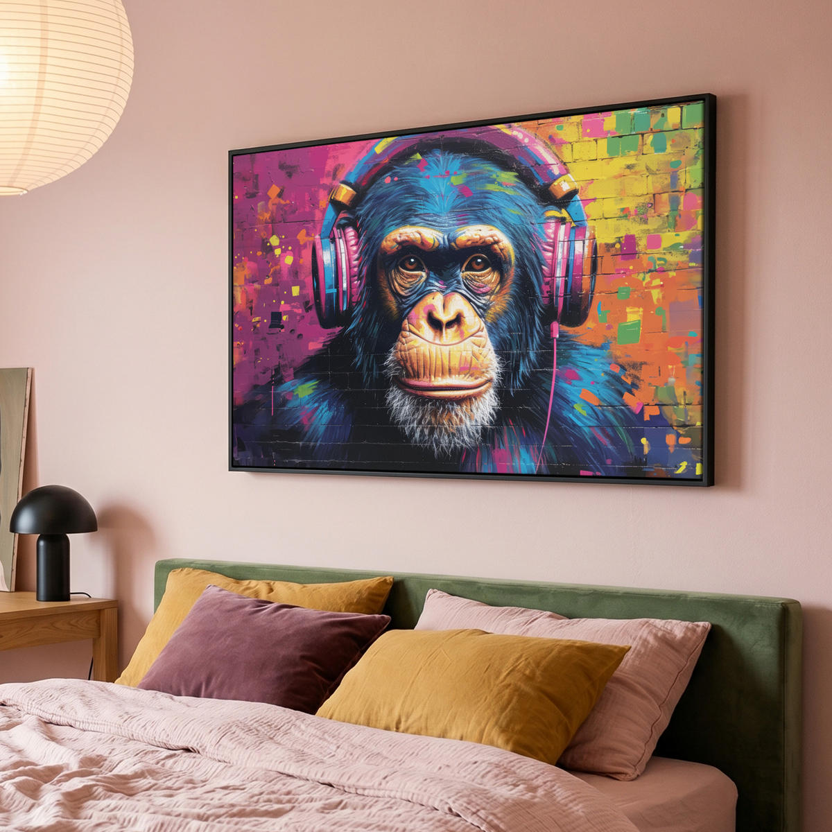 LEINWAND Bilder mit Rahmen - Graffiti - Schimpanse - Straßenkunst - Kopfhörer - Affe - 120x80 - Blau, Textil (120/80cm) - MuchoWow
