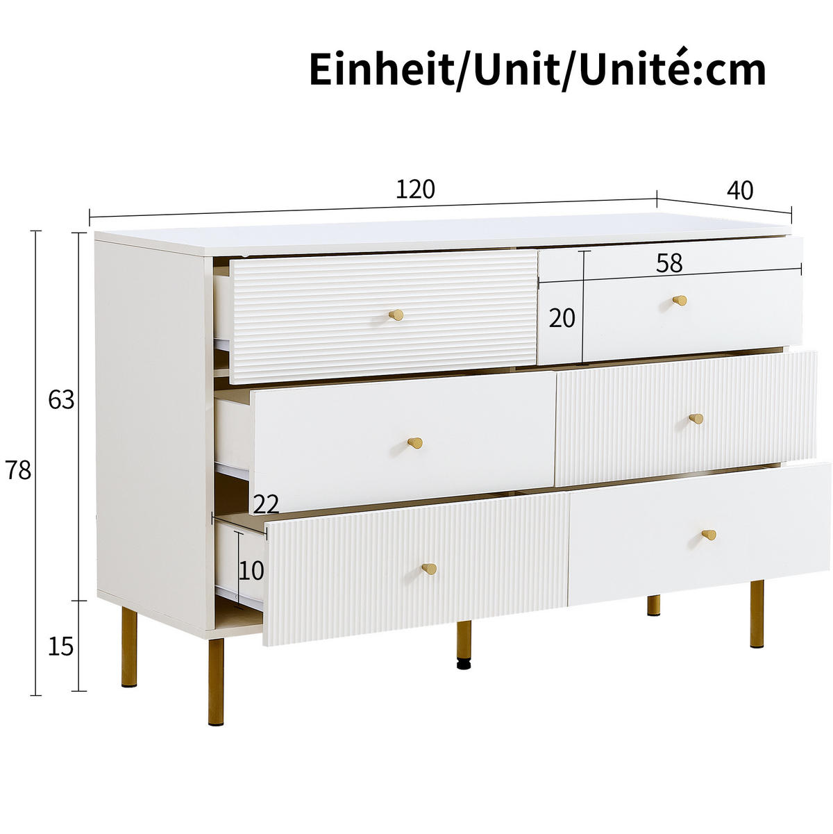 KOMMODE 120/40/78 cm mit 6 Schubladen und Metallbeinen in Weiß - Weiß, Holzwerkstoff (120/78/40cm) - BEAOK
