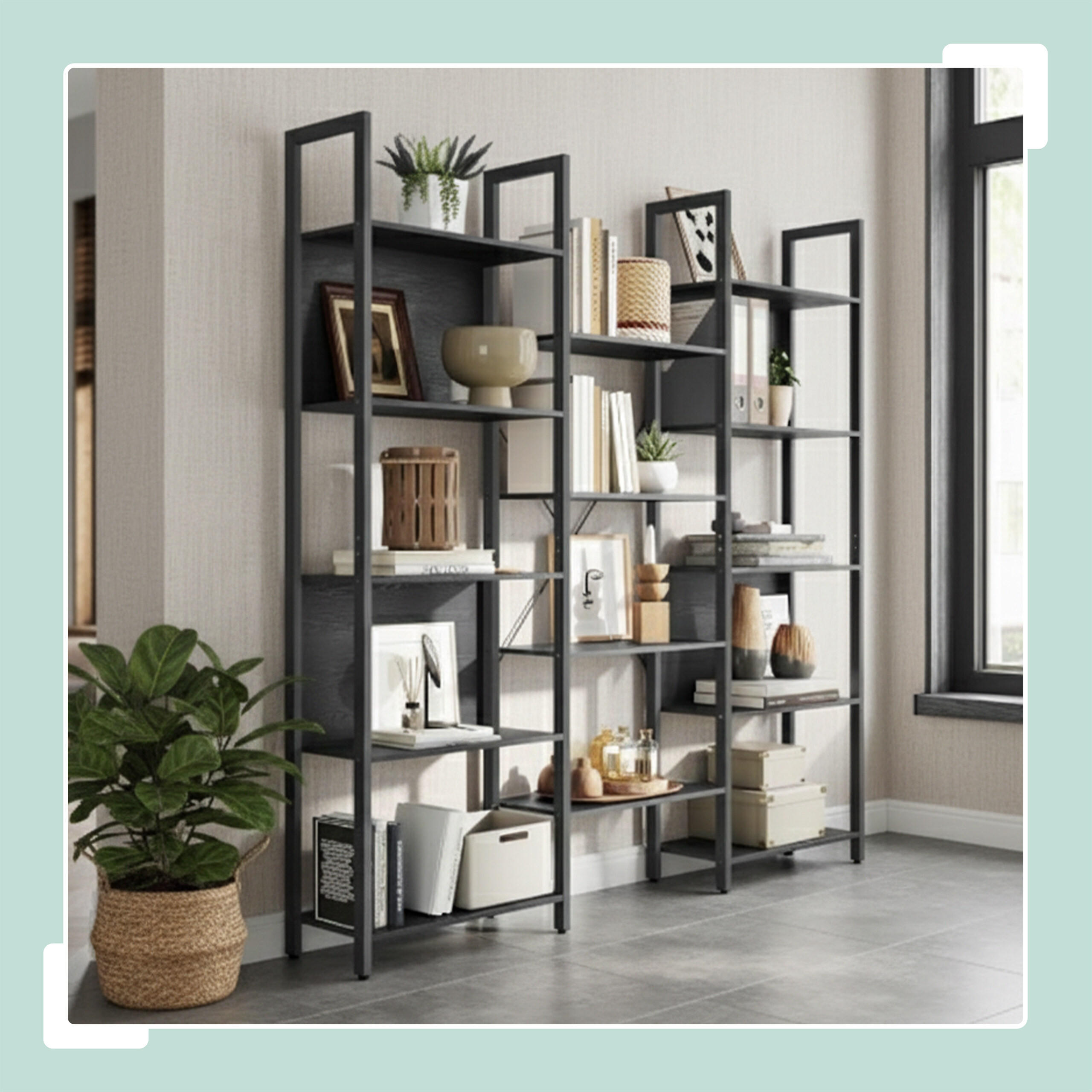 Thumbnail - Relaxdays Bücherregal, Schwarz, Holzwerkstoff, Metall, 158x166x24 cm, Wohnzimmer, Regale, Bücherregale