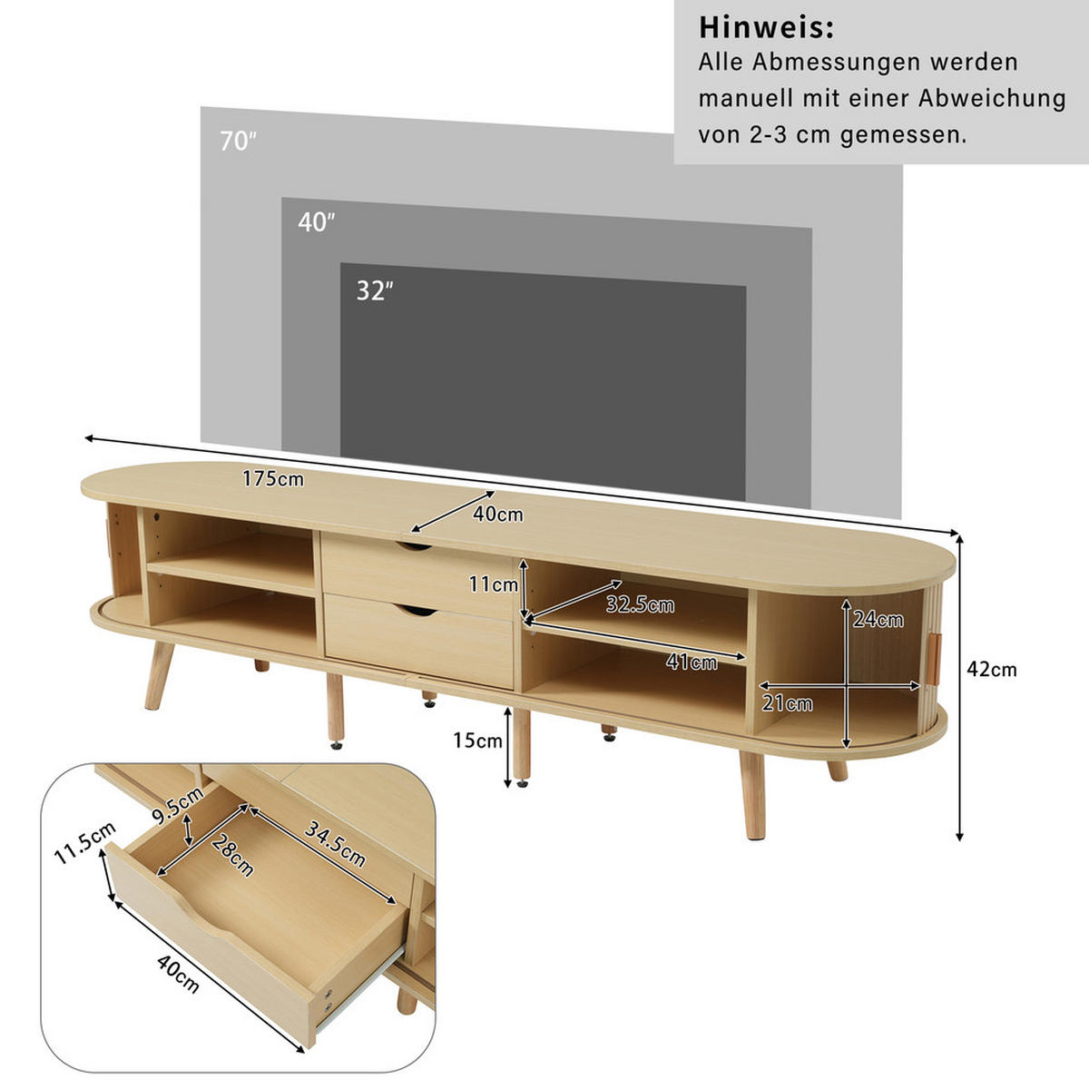 TV-SCHRANK 175x40cm Lowboard MDF Holzmaserung 2 Schubladen 30KG - Braun, Holz (50.5/16/116.5cm) - FLIEKS