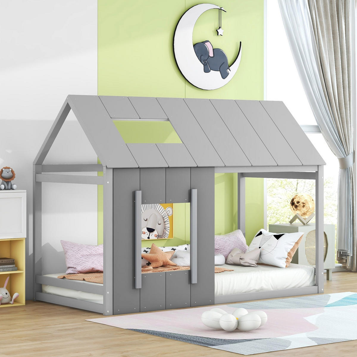 KINDERBETT 90/200 cm in Hausform mit Dach und Fenster aus Kiefern und MDF, Grau - Grau, Holzwerkstoff (90/200cm) - Redom