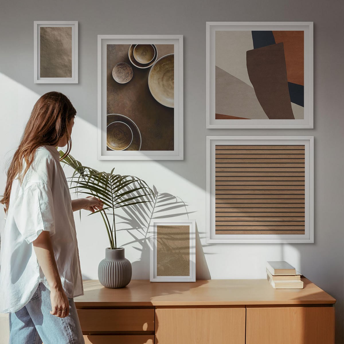 WANDBILDER 5er-Set - 50x50 cm & 20x30 cm & 40x60 cm Weißer Rahmen - Moderne Steinstrukturen - Weiß, Kunststoff (40/60cm) - ArtPrintCave