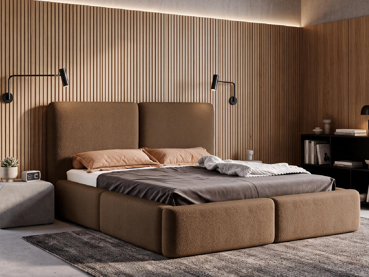 POLSTERBETT LIVIA 140x200 cm mit Bettkasten, Stauraum und Metall-Lattenrost – Bouclé Stoff Braun - Schwarz/Braun, Textil/Metall (140/200cm) - Luxkor24