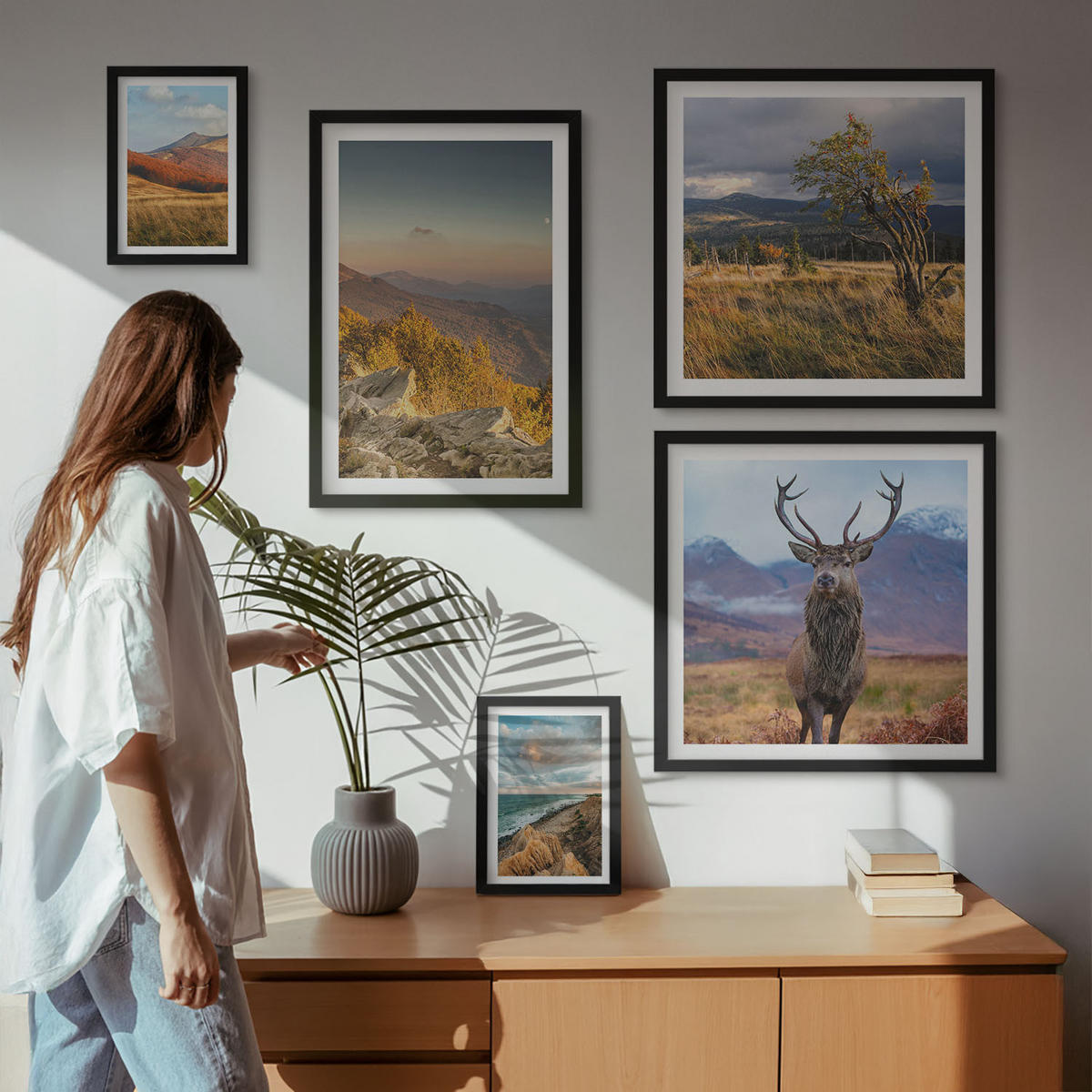 WANDBILDER 5er-Set - 50x50 cm & 20x30 cm & 40x60 cm Schwarzer Rahmen - Berglandschaften, Hirschgras - Schwarz, Kunststoff (40/60cm) - ArtPrintCave