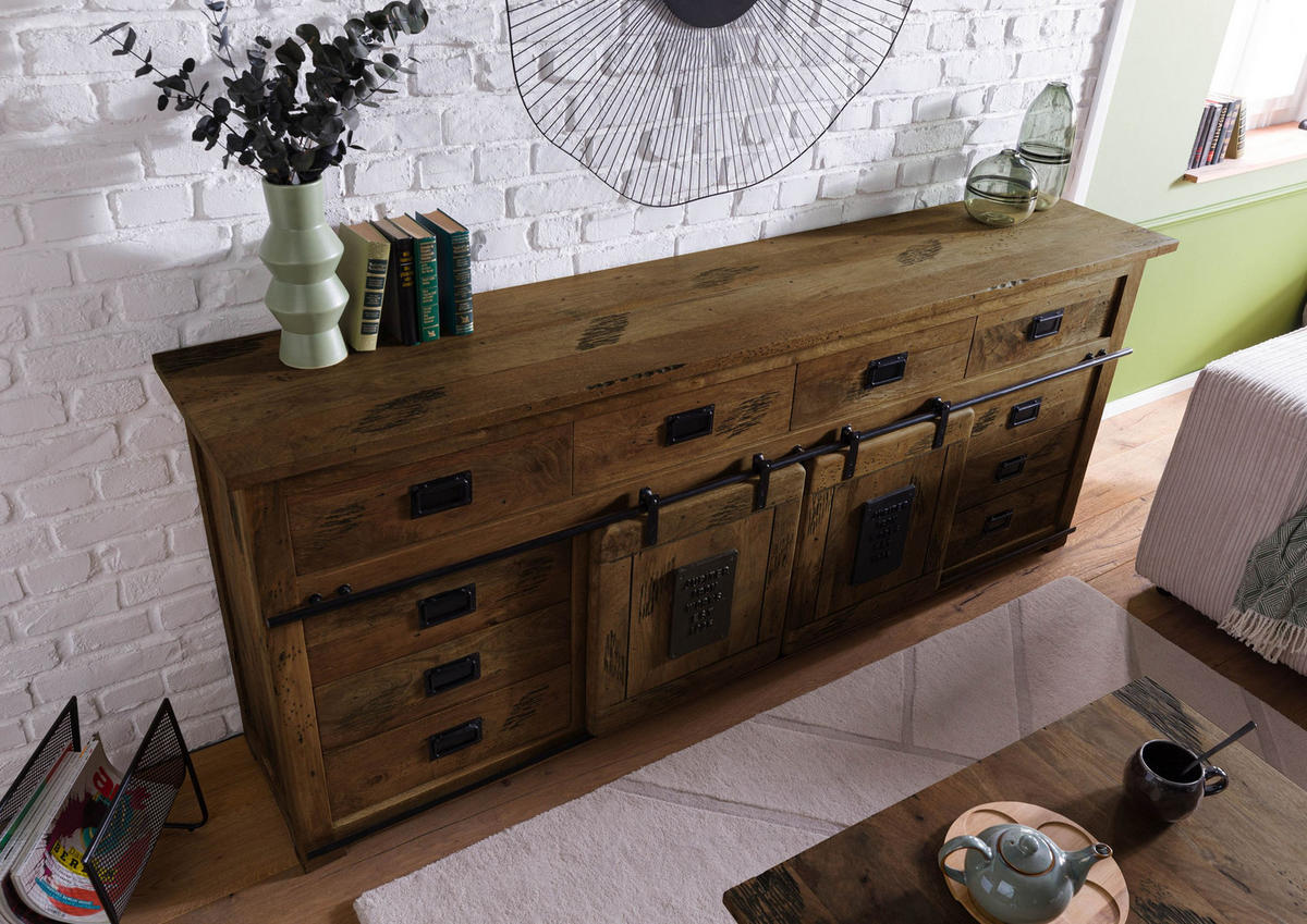 SIDEBOARD Mango 220x45x90 braun lackiert RAILWAY #492 - Braun, Holz (220/90/45cm) - Massivmoebel24