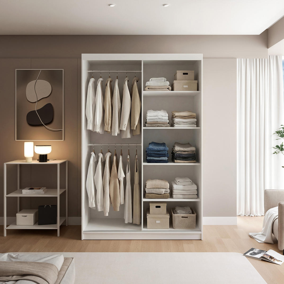 SCHIEBETÜRENSCHRANK SILENTE 140 cm mit Einlegeböden und Kleiderstange - Weiß, Holzwerkstoff (140/205/60cm) - Idohome