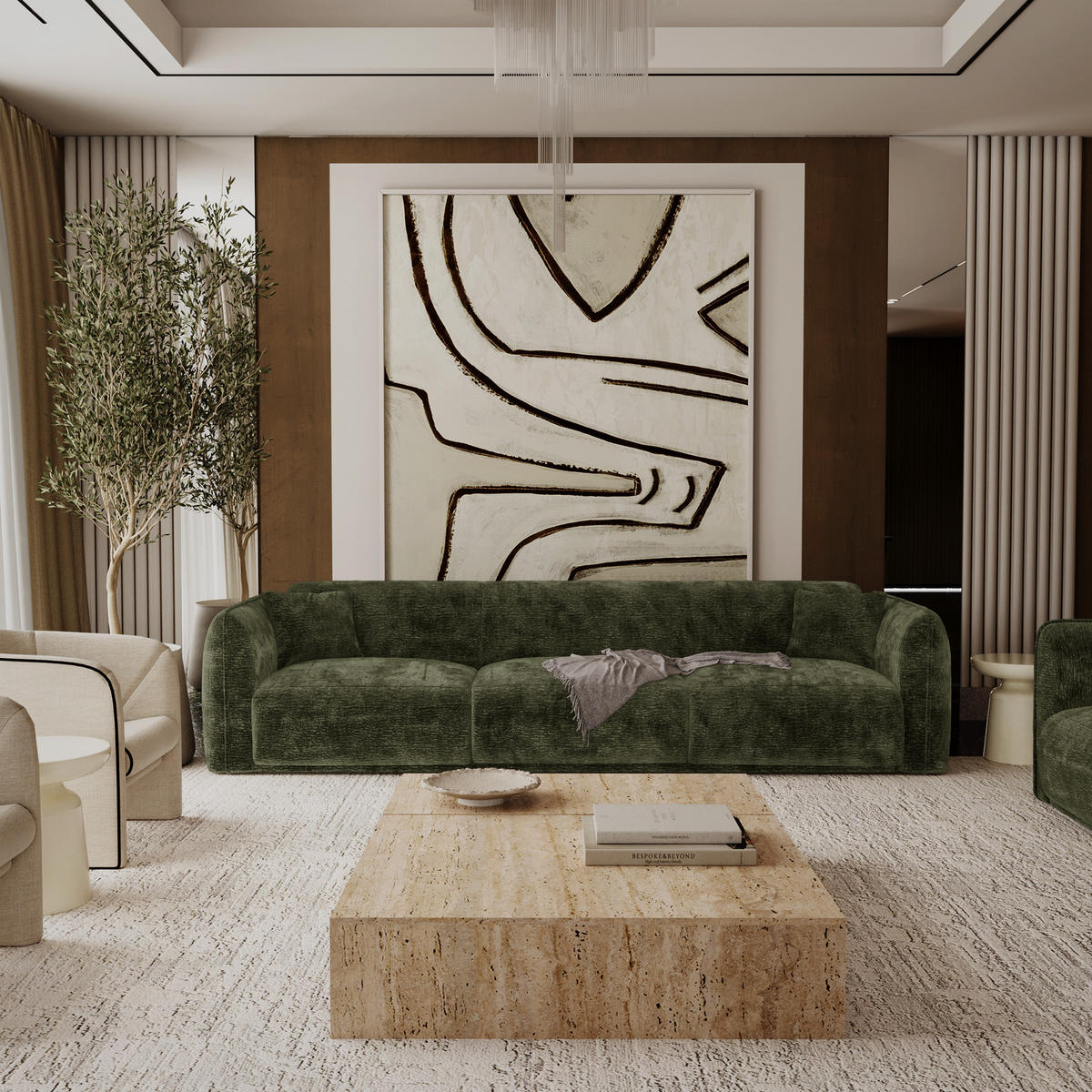 SOFA LUSH Gemusterter Samt Khaki-Grün 235cm - Dunkelgrün/Olivgrün, Textil (235/72.5/90cm) - Premium Interiors
