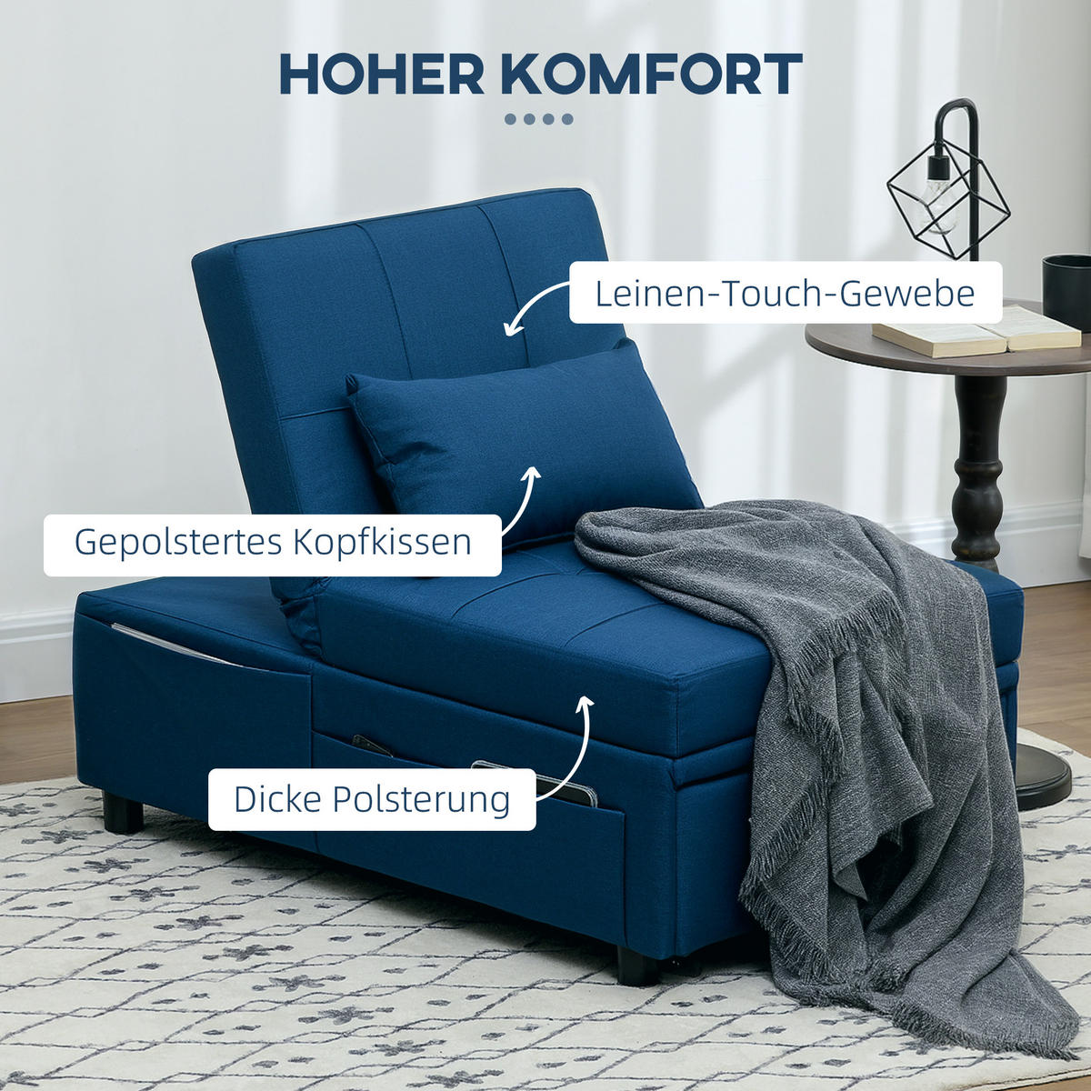 SCHLAFSESSEL 3-in-1, mit Bettfunktion, Blau - Blau, Textil (65.5/81/104cm) - HOMCOM