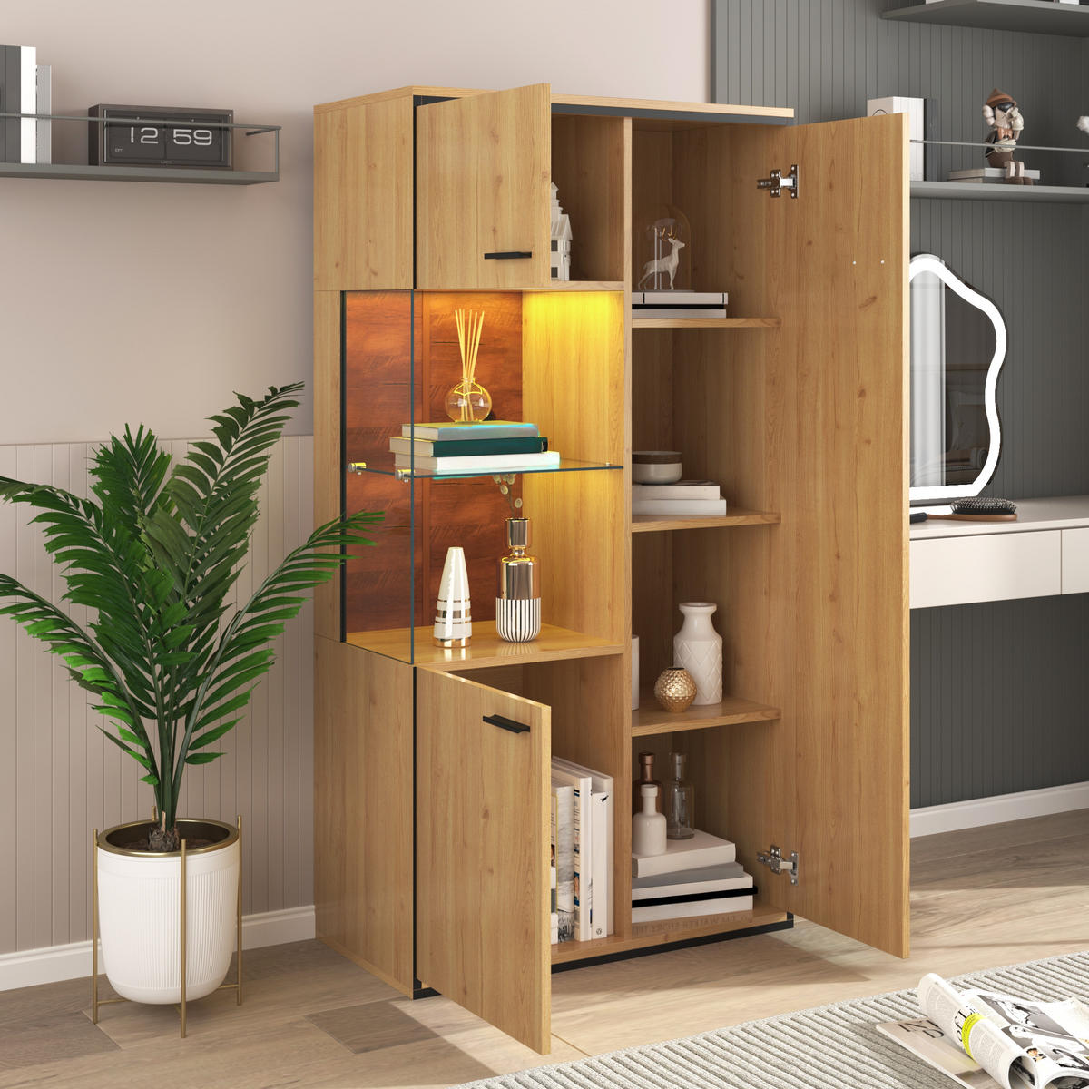 VITRINE LED 150 cm Glastür Stauraum - Naturfarben, Holz (77.5/150/40cm) - Fortuna Lai