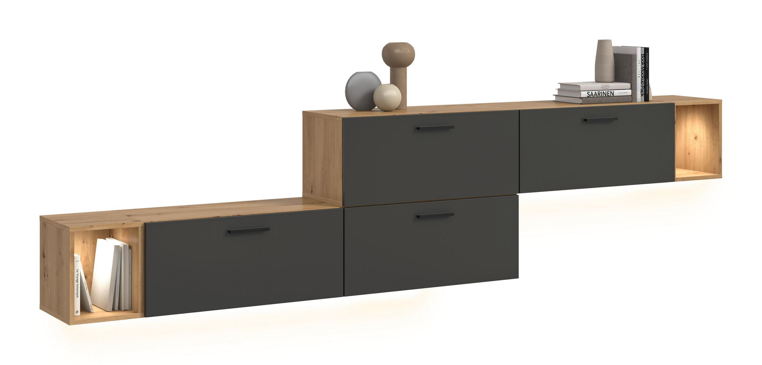 WOHNWAND INKL BELEUCHTUNG The One Basalt grau 276/34/97 cm - Braun, Holzwerkstoff (276/97/34cm) - Xonox