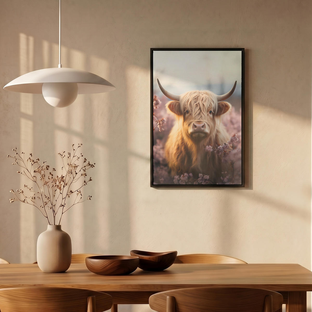 LEINWAND Bilder mit Rahmen - Schottischer Hochländer - Frühling - Hochland - 40x60 - Hellrosa, Textil (40/60cm) - MuchoWow