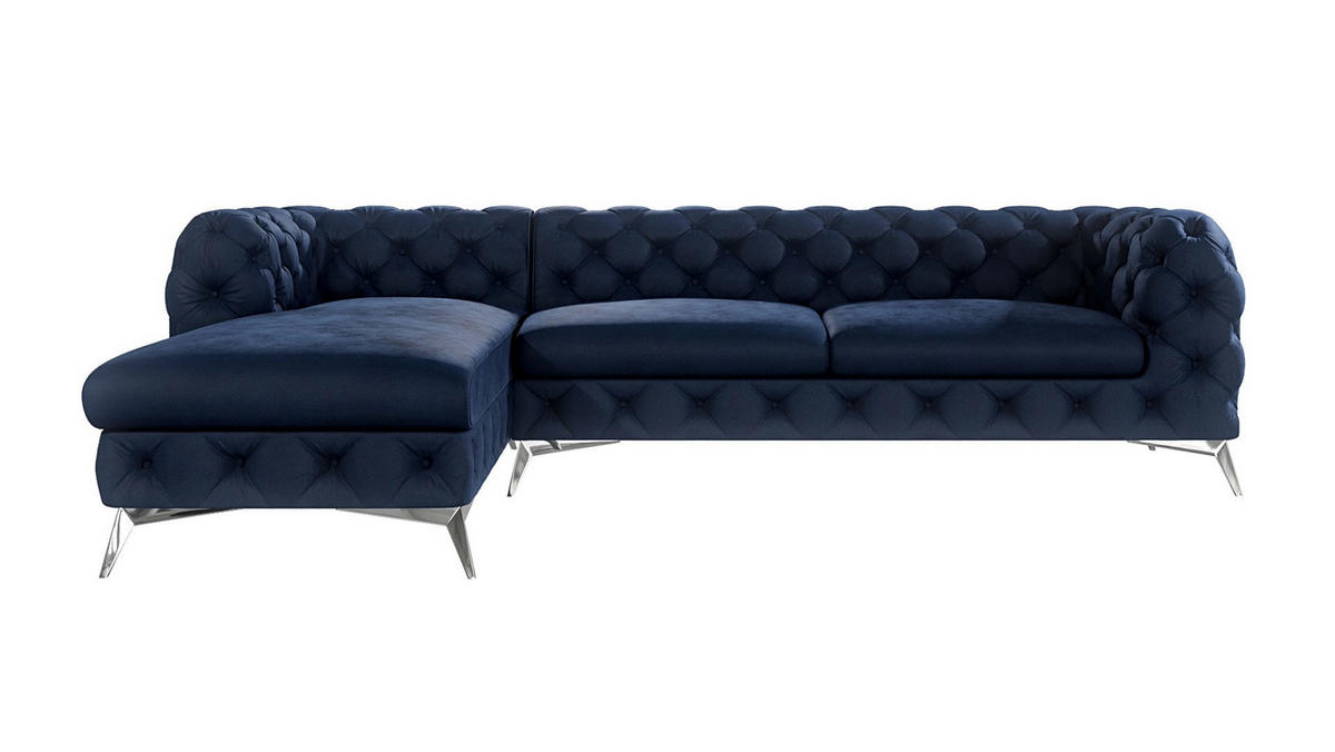 ECKSOFA Chesterfield Laura Marineblau Samt - Silberfarben/Dunkelblau, Holz/Textil (305/200cm) - S-Style Möbel
