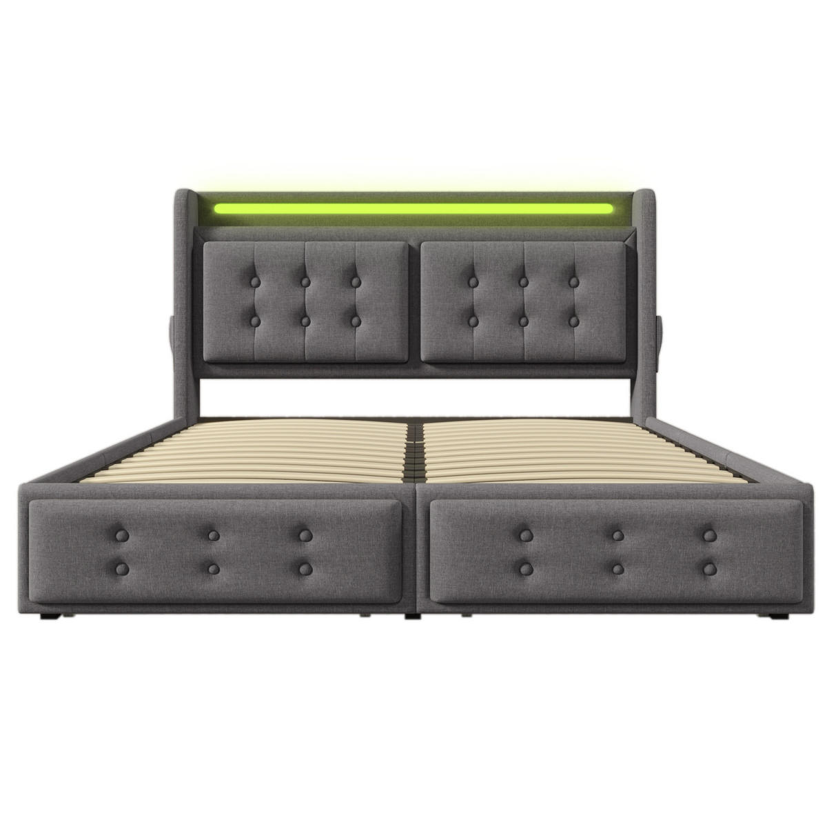 POLSTERBETT aus Baumwoll-Leinenstoff 180x200 cm in Grau mit LED & USB-C - Grau, Textil (180/200cm) - Modfu