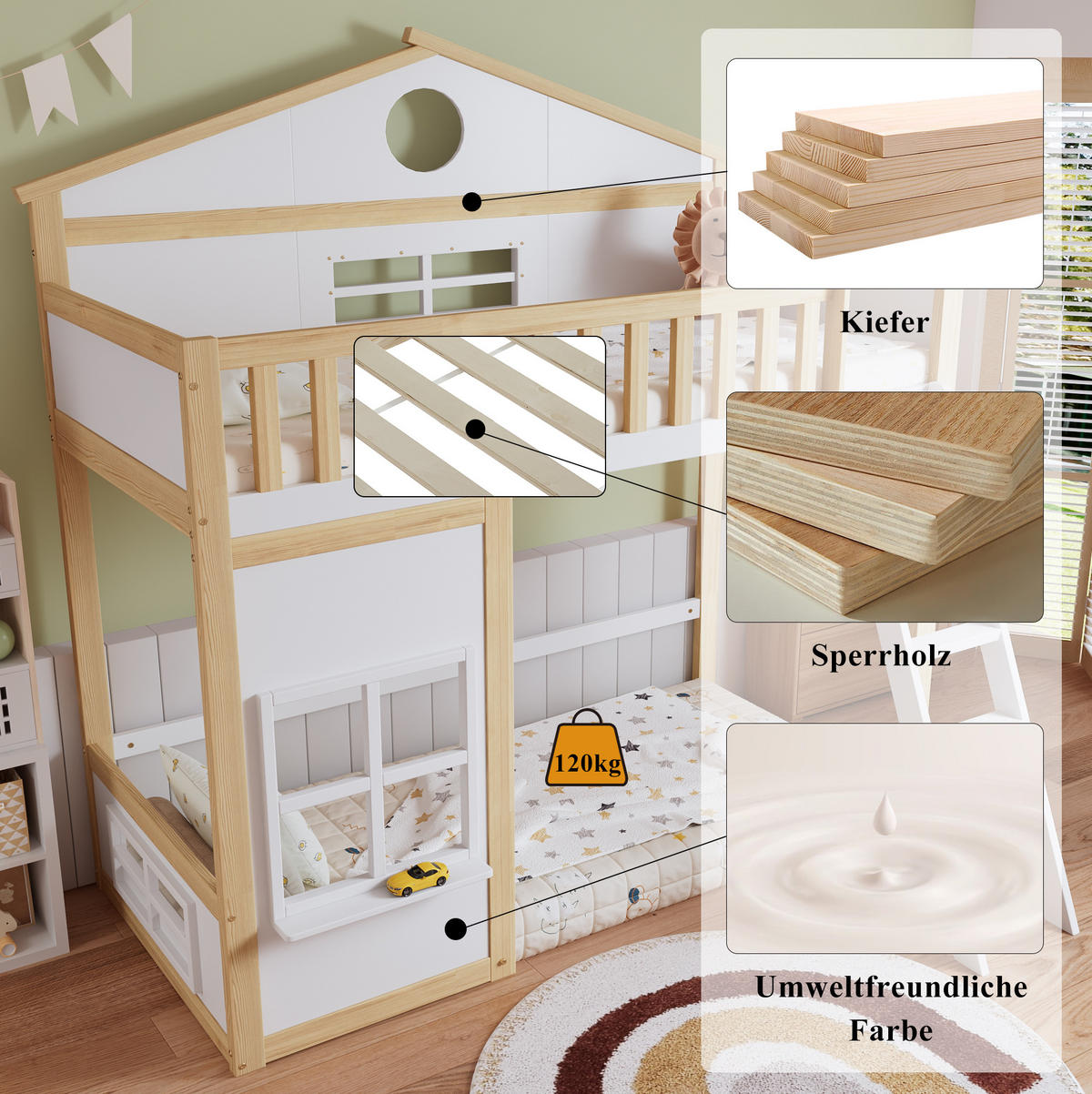 ETAGENBETT 90/200 cm mit Treppe, Fallschutz, Dach und Fenstern aus Kiefer und MDF, Weiß/Natur - Weiß, Holz (90/200cm) - Redom