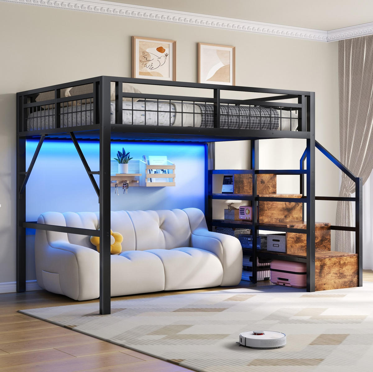 HOCHBETT 140/200 cm Schwarz mit LED-Lichtleiste und Stauraum - Schwarz, Metall (140/200cm) - MIVRAY