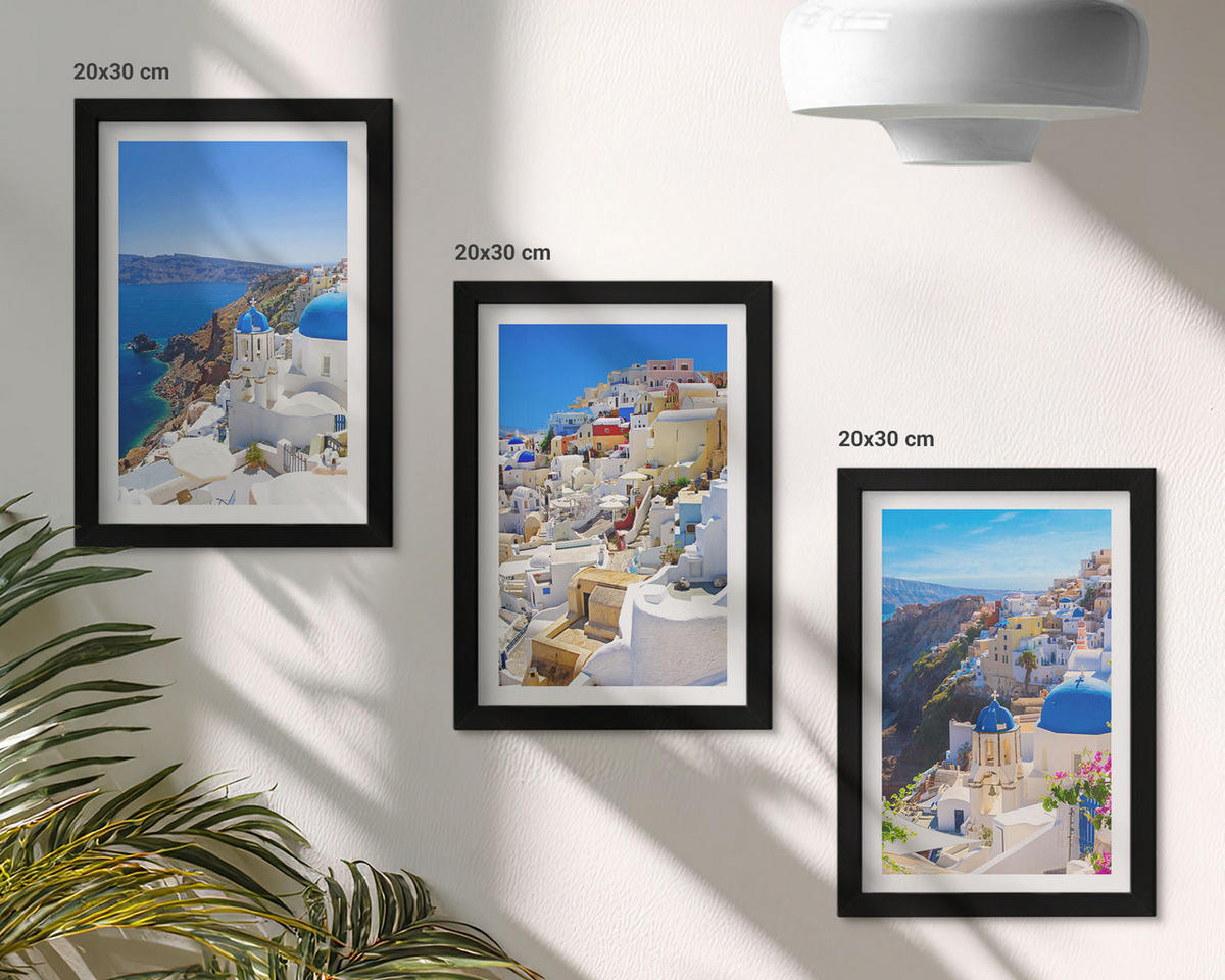 BILDER SET 3er Set - 20x30 cm Schwarzer Rahmen - Landschaftsarchitektur Oia Santorini - Schwarz, Kunststoff (20/30cm) - TULUP